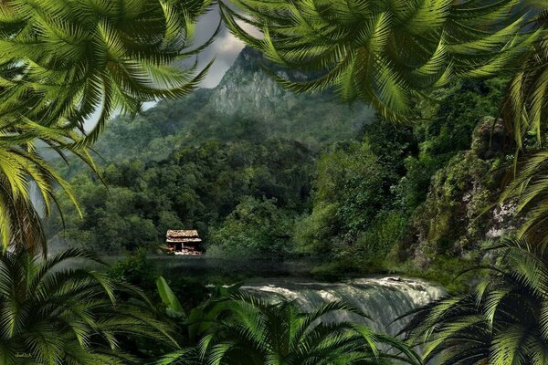 Maison près d une cascade dans la forêt tropicale