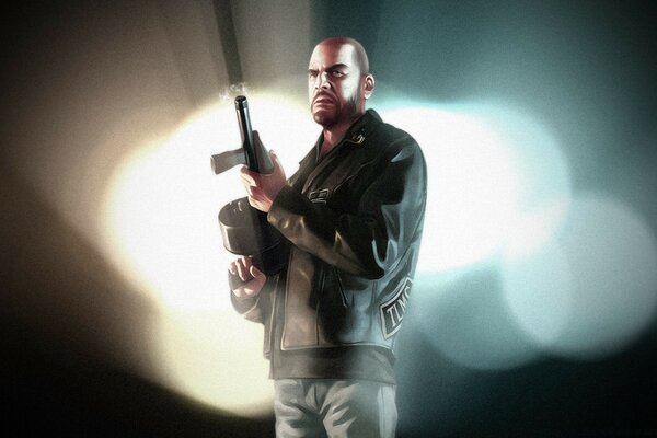 A man with a gun in his hands against the background of lights