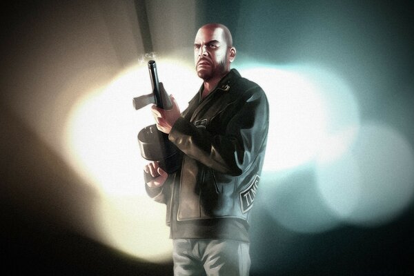 一名男子在灯光的背景下，手里拿着枪
