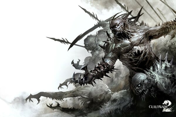 The screensaver for the guild wars game with a shadow in the form of demons holding long spears in their hands