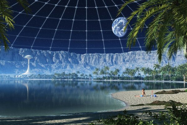 Fantasy beach under a dome in space