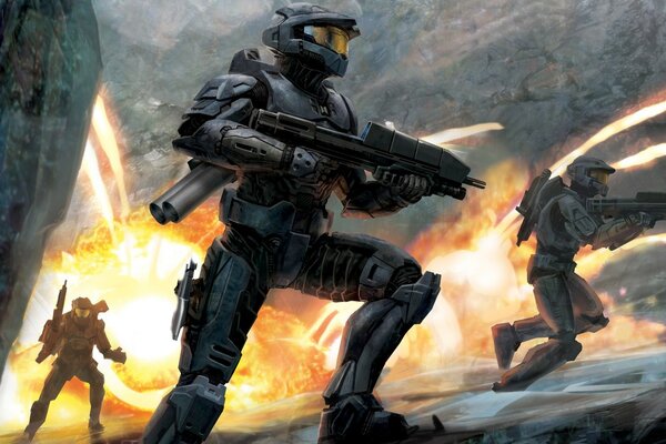 Halo combatentes armados fogo chão