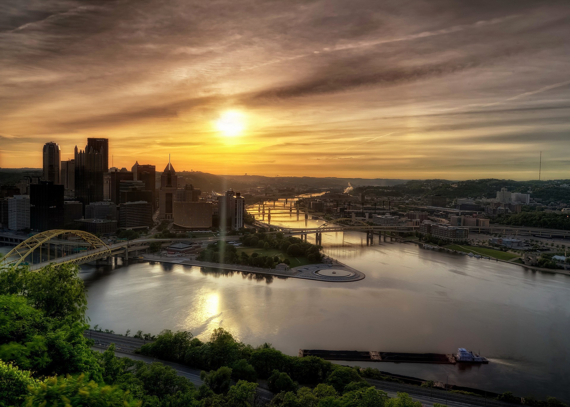 city water architecture river sunset travel dawn cityscape landscape reflection skyline sky evening town bridge tree building lake