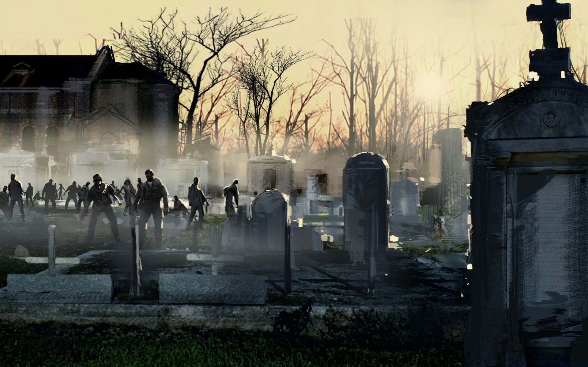 left 4 dead fog war cemetery military smoke silhouette calamity storm mist winter landscape city dawn weather