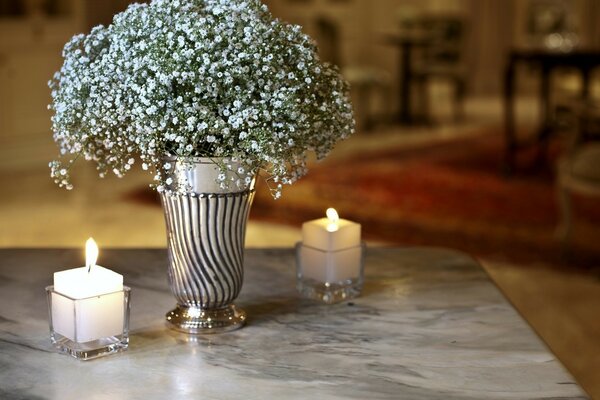 Deux bougies et fleurs en pot