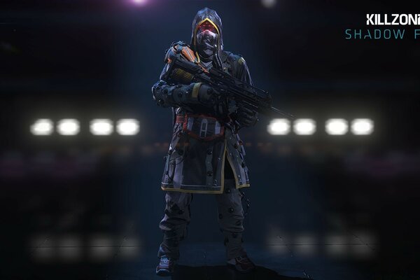 A shot from the game killzone the main character in the hood