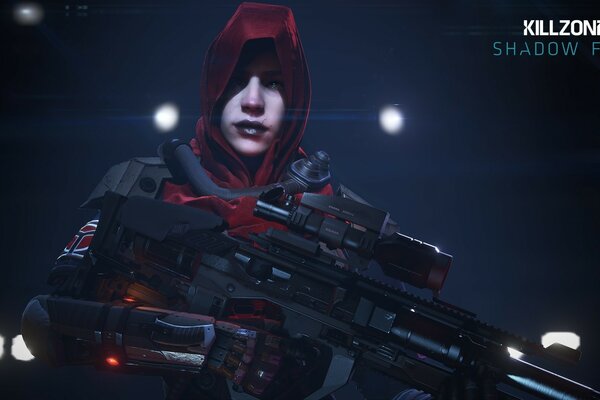 A man with dark lips in a burgundy hood with a gun