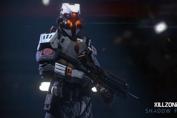 A shot from the game killzone futuristic dark robot man with a gun