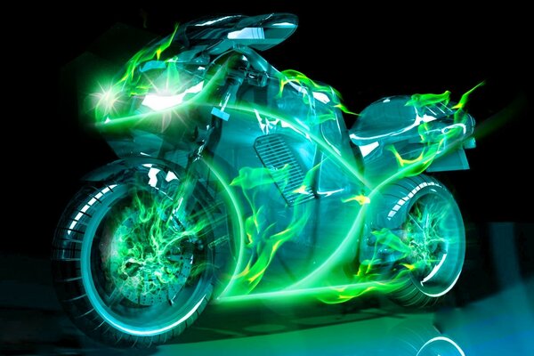 Motorrad mit vorgezeichneten Neonlinien