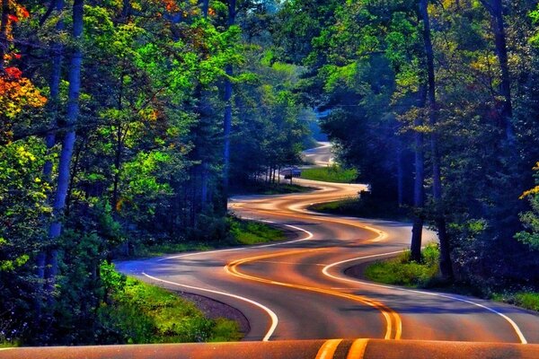 A winding road in the rays of the sun