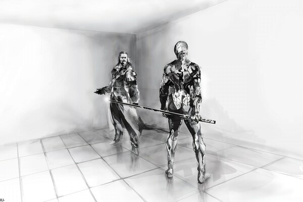 Image en noir et blanc des personnages de metal gear