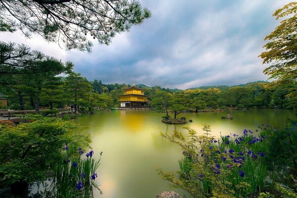 झील पर जंगल में चीनी शैली का घर