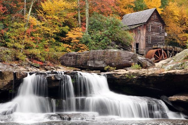 Herbstlicher Wald mit einem Haus am Rande eines Wasserfalls