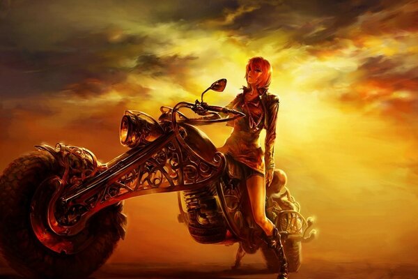 A fantasy girl on a motorcycle on the background of a sunset