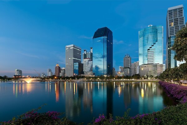 A city with skyscrapers by the lake and lights