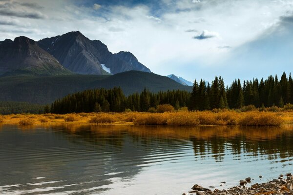 Autumn lake in the forest in the mountains