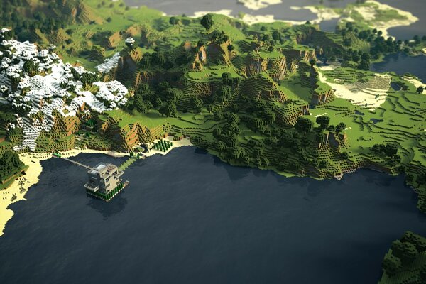 Landscape of the Minecraft game. Rivers, mountains and forests