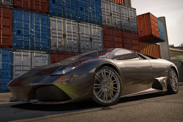 Foto dal gioco Need For Speed standing car vicino ai contenitori