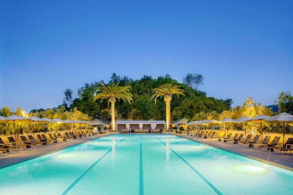 Evening Pool with sun beds in Turkey