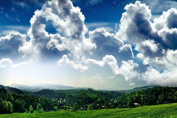 Paisaje de la naturaleza con prados y nubes