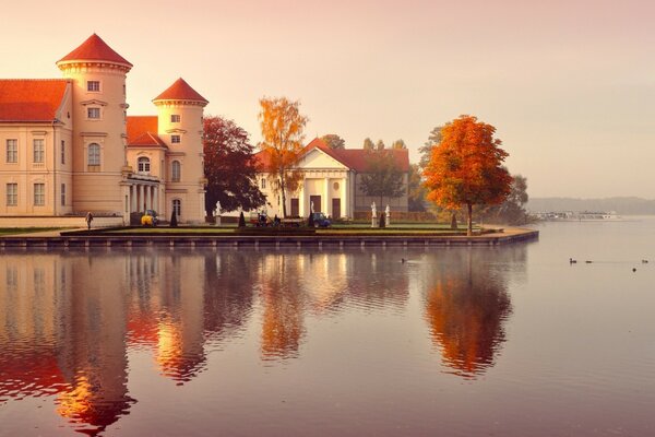 Locks are reflected in the water outdoors