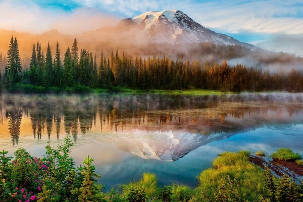 La superficie del lago en el fondo del bosque y las montañas