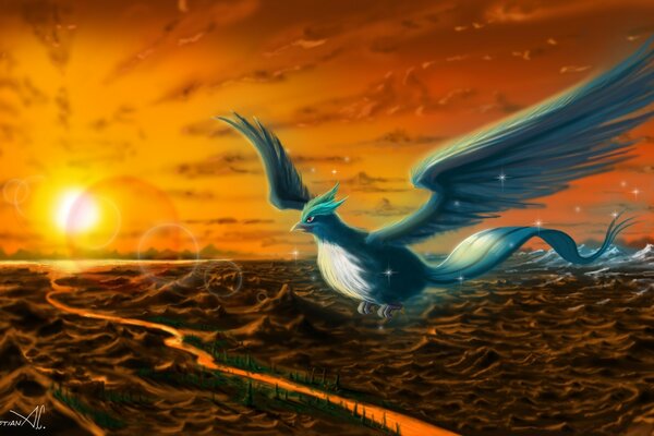 A fantasy bird flying against the background of a bright huge sun