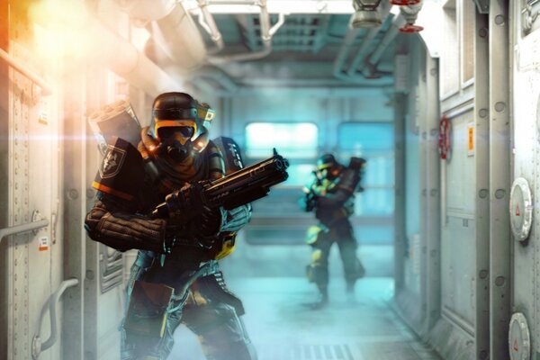 Futuristic image of two soldiers with a gun at the ready