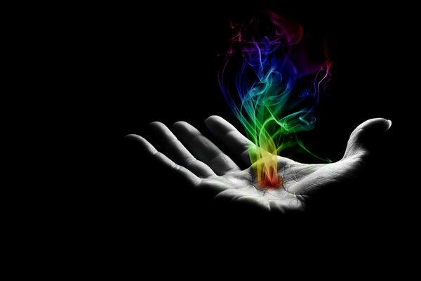 Multicolored intonation of fire in the palm of your hand