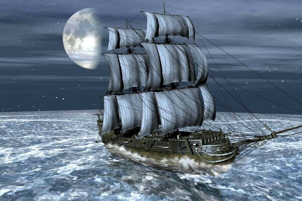 A big sailboat in a swirling sea and a big moon illuminates its path