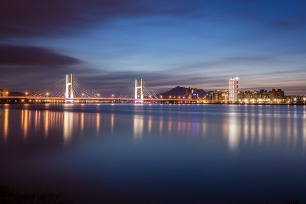 Ponte sul fiume in città di notte