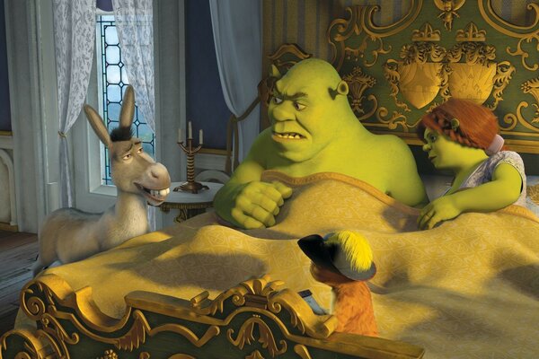 Cartoon characters Shrek in the room