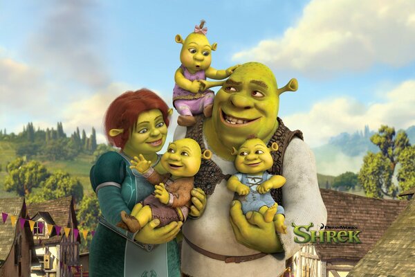 Shrek mit seiner Familie vor dem Hintergrund einer ländlichen Landschaft