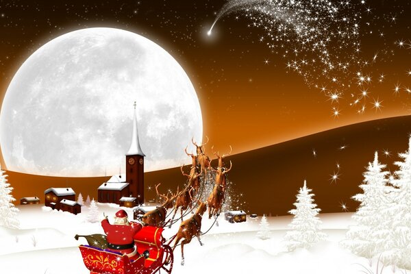 Babbo Natale sullo sfondo della Luna e le stelle cadenti