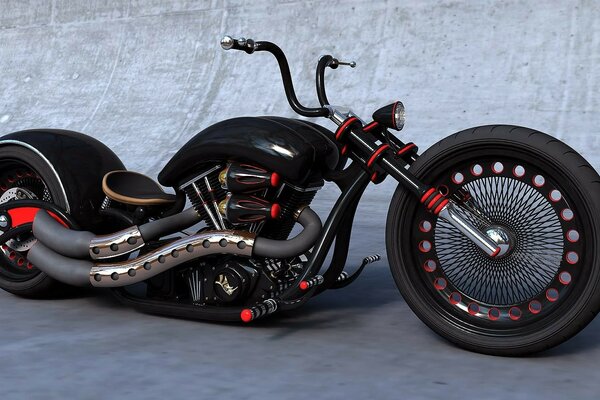 A long motorcycle with big wheels