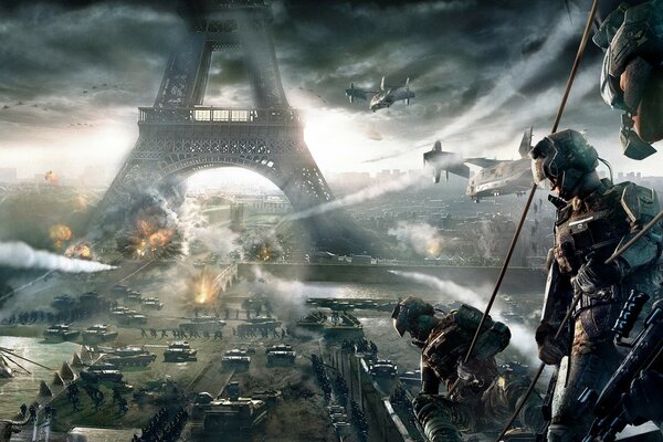 The siege of the Eiffel Tower, shrouded in smoke