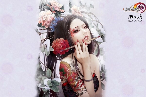 A picture from a computer game with a beautiful girl with flowers