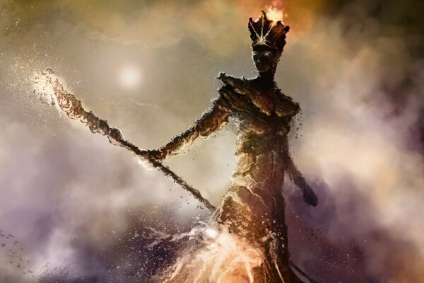 A fiery lady with a magic wand in her hand