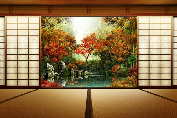 Japanese architecture. Garden through glass