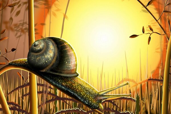 Schnecke kriecht bei Sonnenuntergang im Gras