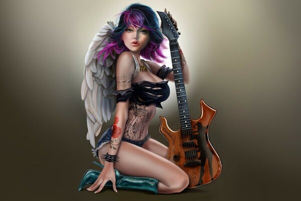 Rock diva. A girl with a guitar. Erotic girl with a guitar