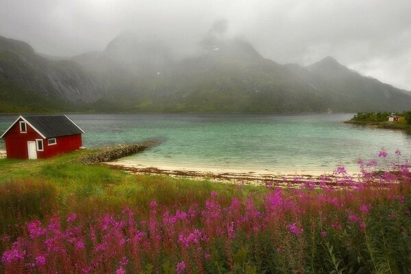 Red house on the lake shore