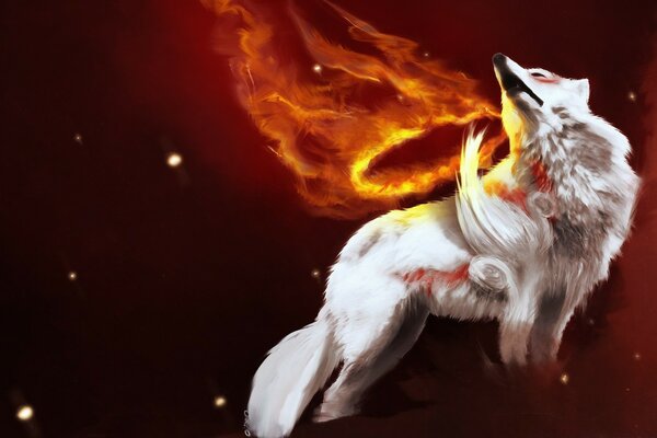 Fantasy white wolf howls fire background