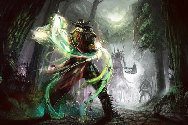 Персонаж в темному похмурому чарівному лісі