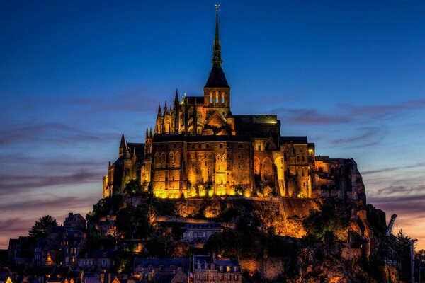 Glowing castle in the evening sky