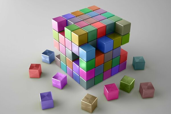 Disassembled cube with colored details