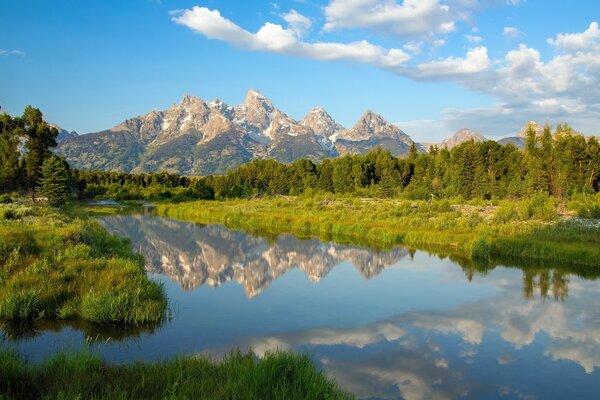 A river surrounded by forest and mountains