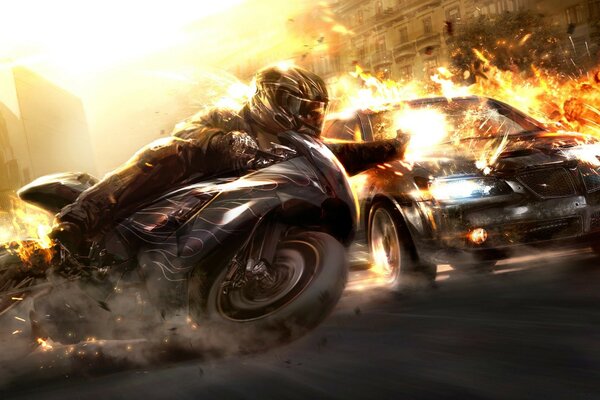 Motocycliste sur une moto en flammes