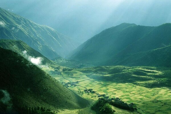 Paisaje de montaña en la niebla