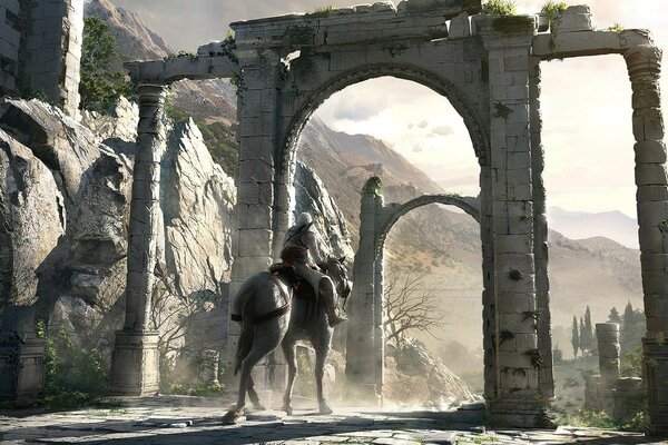 A traveler on horseback. ancient architecture. the ruined arch